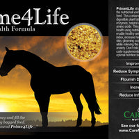 Image of front label of Prime4Life Equine Wellness formula. We use CoolBlend Technology™ to preserve the integrity of live cultures in our formulas. Gain, Seniors, Rescues, OTTB, Omega 3, High Fat Supplement, all natural, safe