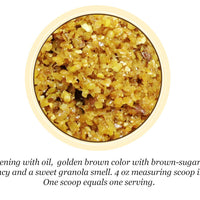 Image of Prime4Life inside the bucket. It's a sweet smelling yellow granular mix. Similar in consistency to brown sugar, shiny with oil that smells like fresh granola. Gain Calories, Seniors, Rescues, OTTB, Omega 3, High Fat Supplement, all natural, safe