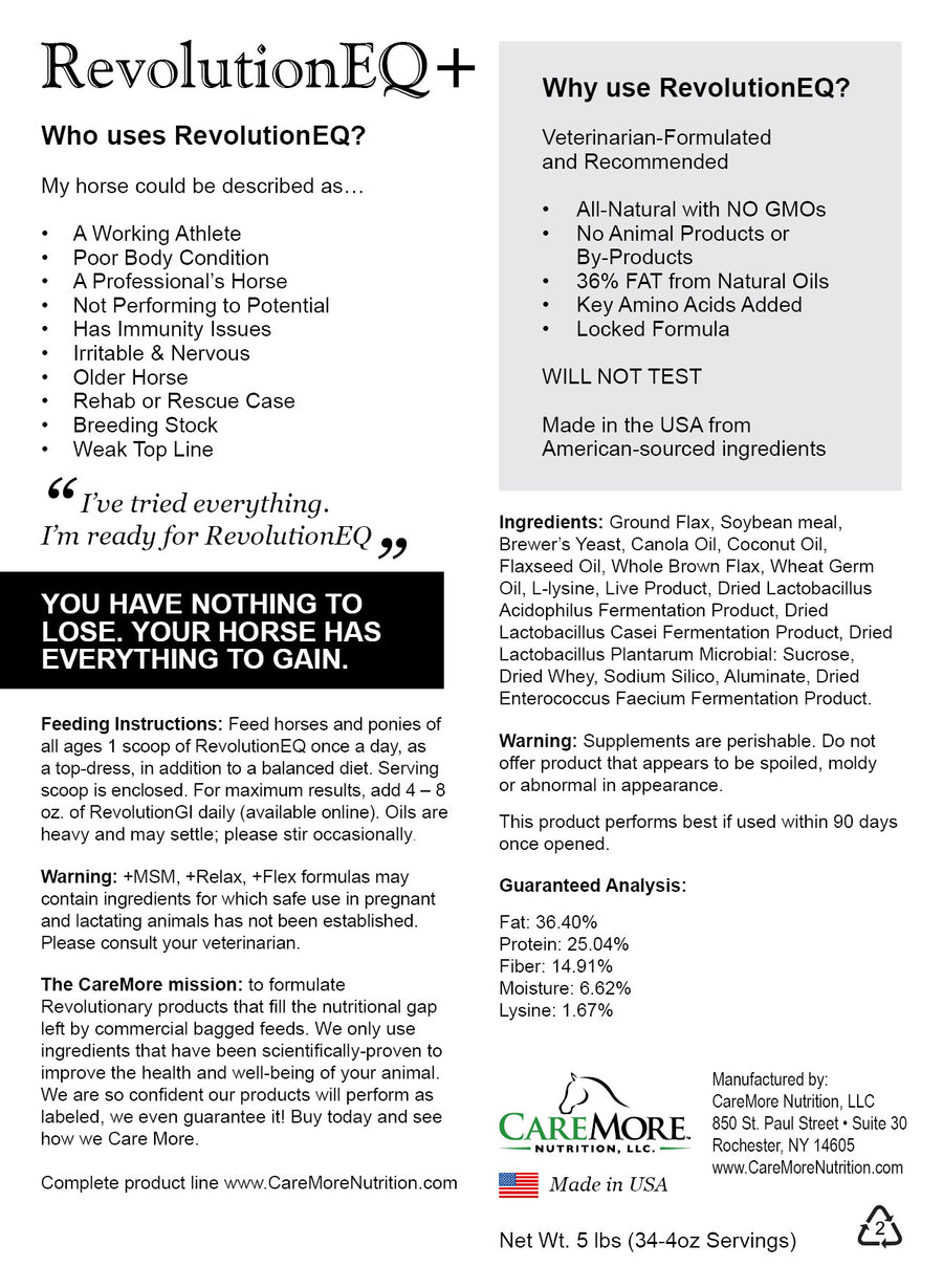 Image of back product label of RevolutionEQ+MSM Equine Wellness formula. Available in 2 sizes (30 day or 170 day size) Mixed fresh daily; to order. Competition safe. for Horses Anti-Inflammatory | Immune Support, All Natural