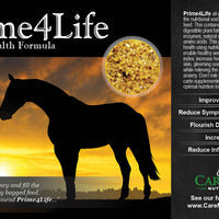 Image of front label of Prime4Life Equine Wellness formula. We use CoolBlend Technology™ to preserve the integrity of live cultures in our formulas. Gain, Seniors, Rescues, OTTB, Omega 3, High Fat Supplement, all natural, safe 