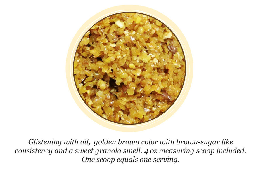 Image of RevolutionEQ+MSM inside the bucket. It's a sweet smelling yellow granular mix. Similar in consistency to brown sugar, shiny with oil that smells like fresh granola. for Horses Anti-Inflammatory | Immune Support, All Natural
